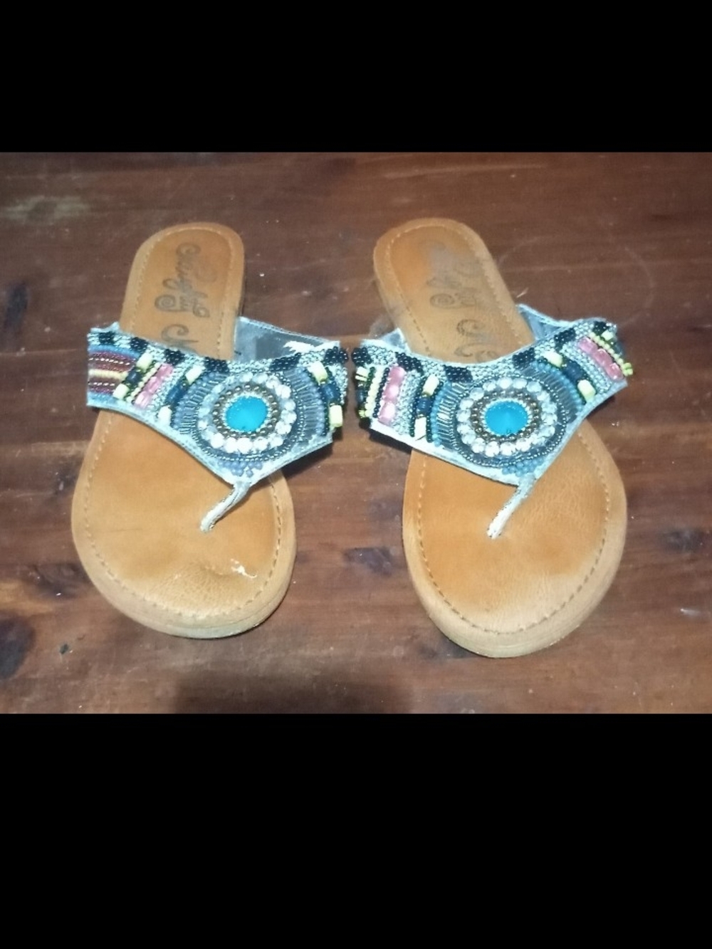 Beaded Turquoise Accent Women's Thong Sandals - Brown